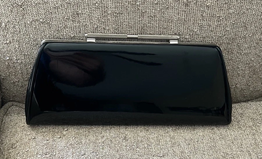 Vintage 60s Black Patent Long Clutch Handbag Pocketbook Silver Tone Bar Close - Image 2 of 4