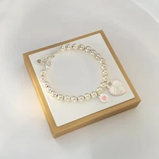 925 sterling silver Pink heart and round tag beaded bracelet