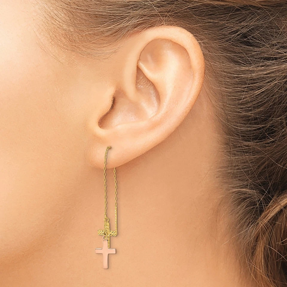 14k Two-Tone Gold Threader Earrings Rose Yellow Dual Cross Dangle Religious Fait - Image 3 of 4