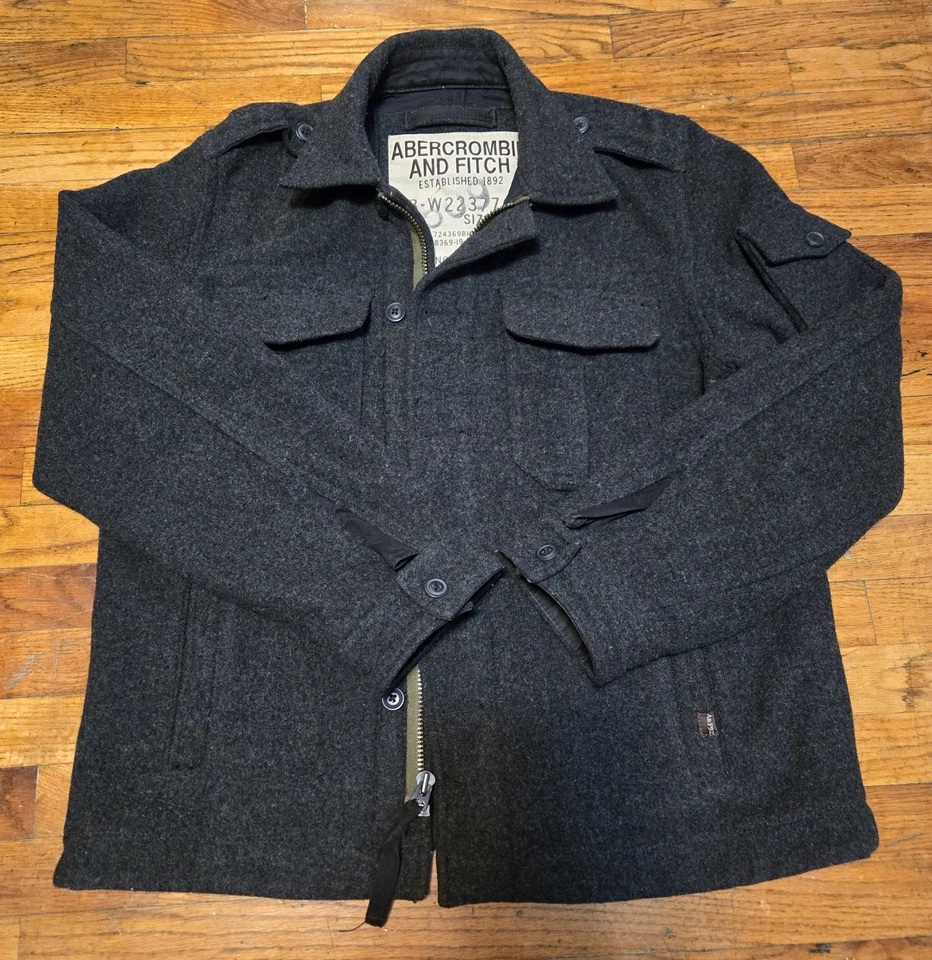 Abercrombie & Fitch Wool Coat Shacket Military Retro Y2K Gray Lined Men’s- XL - Image 2 of 4
