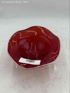 Ruby Red Glass Ruffled Clear Edge And Pedestal Base Decorative Art Bowl