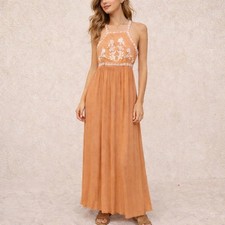 En Creme Orange Rayon Maxi Dress Large Embroidered Floral Halter Boho Summer