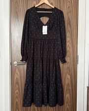 Daisy Street Black Red Ditsy Rose Floral V Neck Tiered Midi Tea Dress 10 NEW