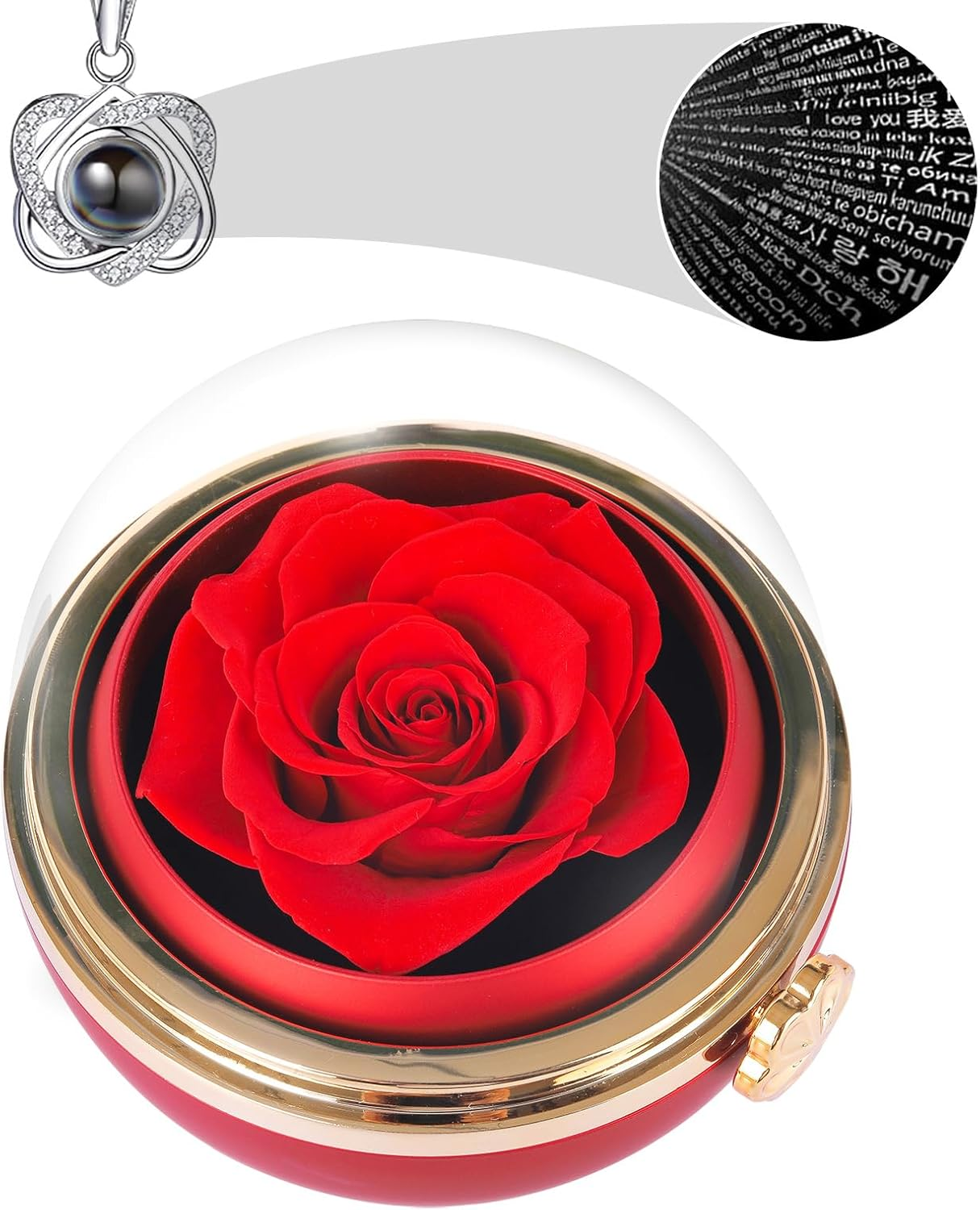 Rotating Preserved Real Rose Gift Box with I Love You Necklace – Spherical Etern