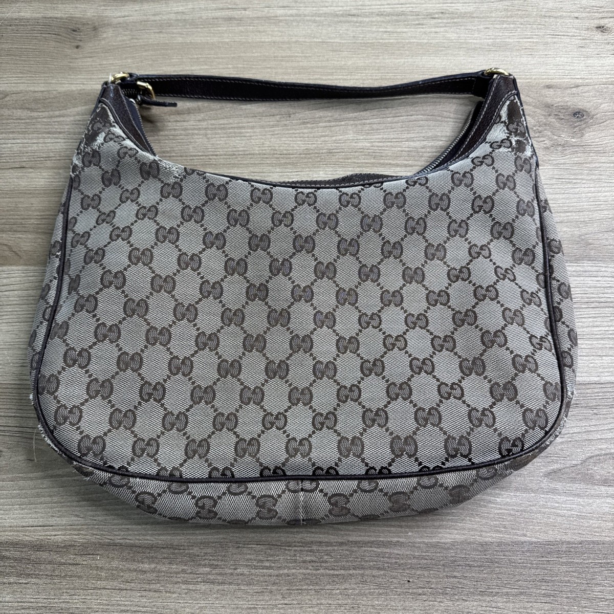Gucci GG Canvas Hobo Bag Brown Leather Trim Shoulder Bag 153010 