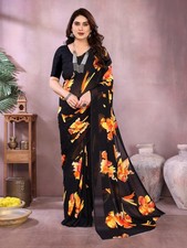 Floral Print Daily Wear Georgette Saree Black