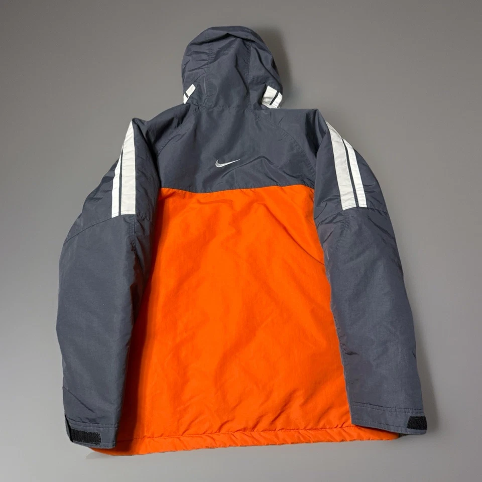 Nike Jacket Mens Large Orange Gray Hooded Full Zip Large Parka Stripe Swoosh - Image 2 of 4