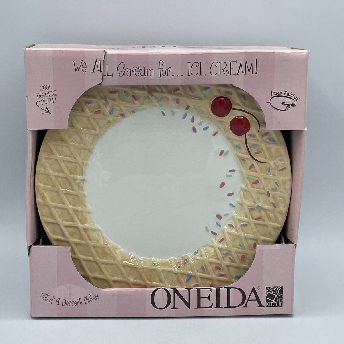 ONEIDA 4 pc Waffle Cone “WE ALL SCREAM FOR ICE CREAM” 8 Plates Cherries