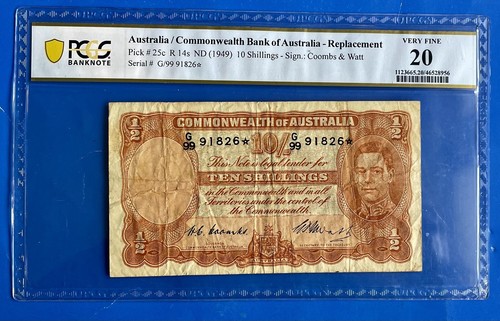 Australia Ten Shillings Star Banknotes. PCGS Graded Very Fine 20. Coombs & Watt.