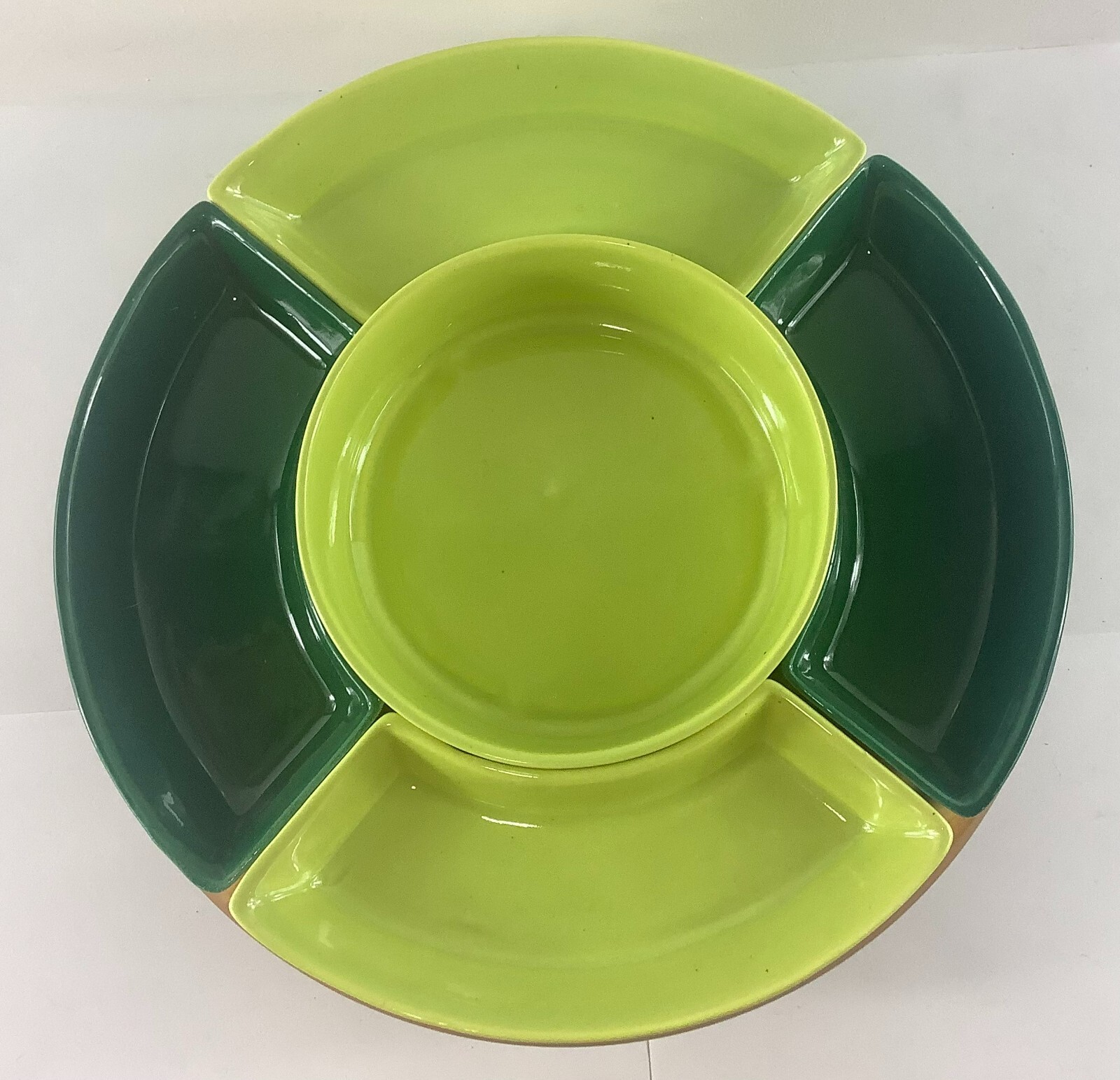 Mid Century Modern Lazy Susan Light & Dark Green Chip & Dip Appetizer Platter