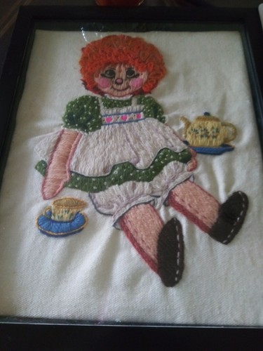 Vintage 1970s Raggedy Ann  Embroidery Crewel Wall Nursery Picture Framed 15 x 12
