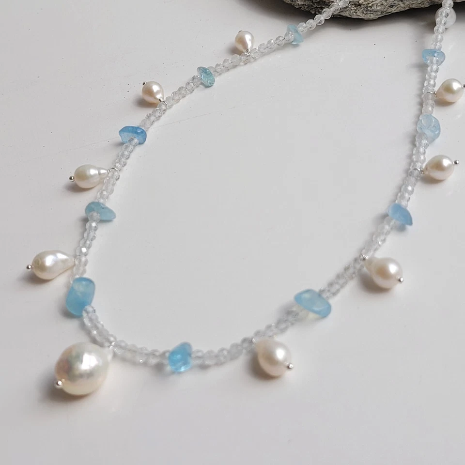 collier argent perles de culture baroque pierre précieuse aigue-marine topaze - Photo 2/4