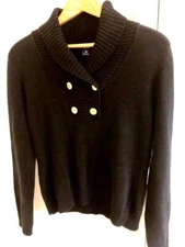 Chaps Black Women's Sweater With Shawl Collar and Gold Accent Buttons - Size L