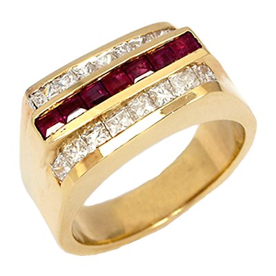 14K Yellow Gold Men's Band 1.29 Carats Princess Diamonds & .88 Carats Rubies