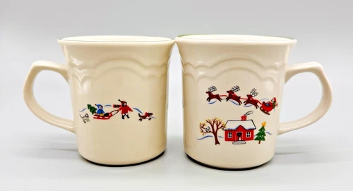 Pfaltzgraff Snow Village Christmas Mug 1992 4 inch Lot of 2 Santa Sleigh