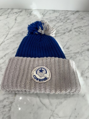 VTG Dallas Cowboys 70's Knit Beanie Pom Retro Blue Gray w Patch RARE