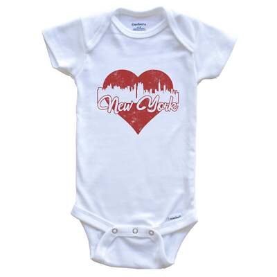 Retro New York City Skyline Red Heart One Piece Baby Bodysuit