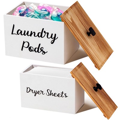 2 Pcs Wood Laundry Dryer Sheet Holder Rustic Laundry Pod Container With Lid 8.7 