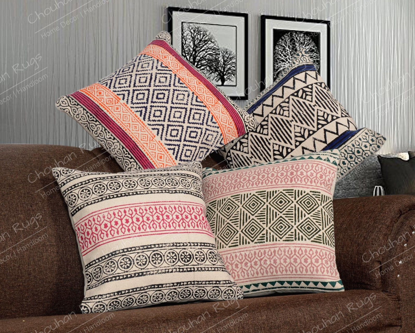 Handwoven Multicolor Block Printed Cotton Cushion Cover Set of 4 for Home Decor