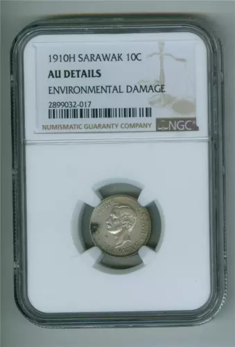 SARAWAK 1910-H 10 CENTS SILVER C. BROOKE RAJAH NGC AU DETAILS