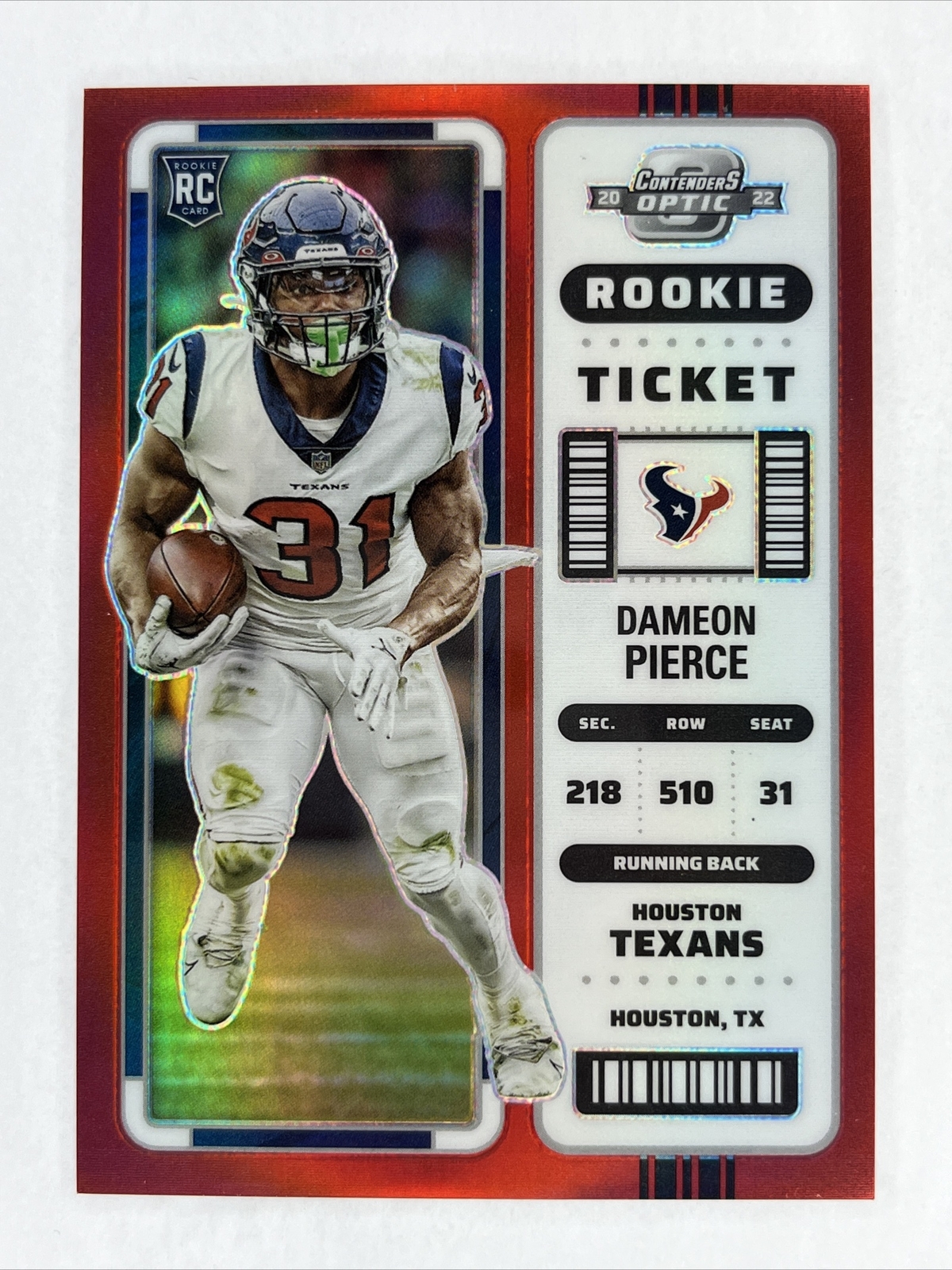 DAMEON PIERCE /175 TEXANS ROOKIE TICKET RED PRIZMS #67 RC 2022 CONTENDERS OPTIC
