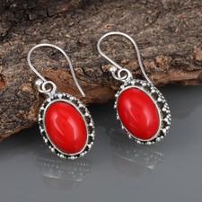 Coral Stone Earring 925 Sterling Silver Handmade Earrings Coral Gemstone Earring