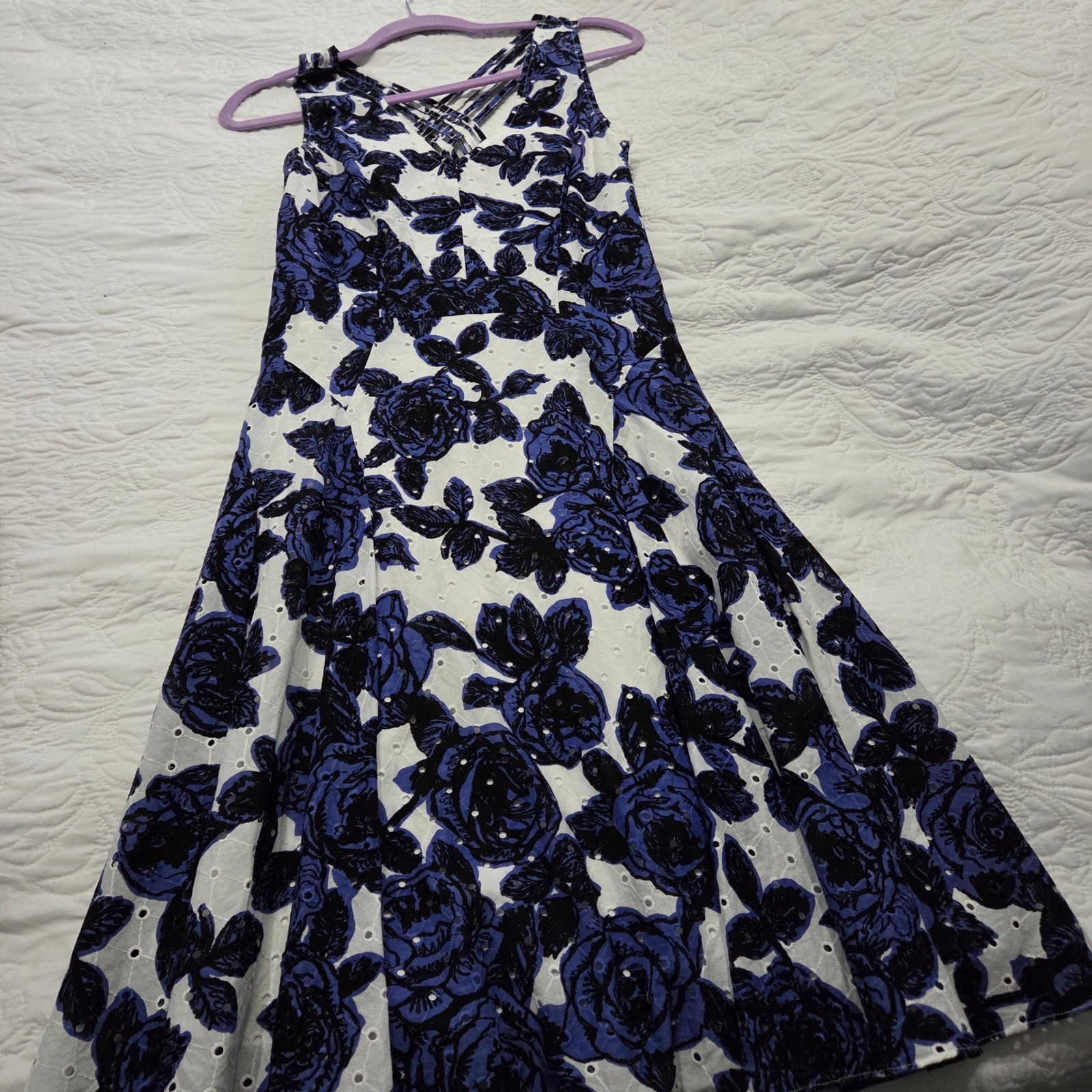 Adrianna Papell Floral Eyelet Midi Strappy Dress Blue White Women's Size 8