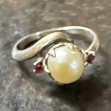 Silver Tone Round White Pearl Ruby Accent Coc...