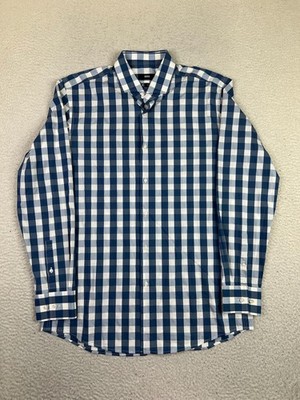 BOSS Hugo Boss Dress Shirt Mens 16.5 Blue Gingham Slim Stretch Long Sleeve