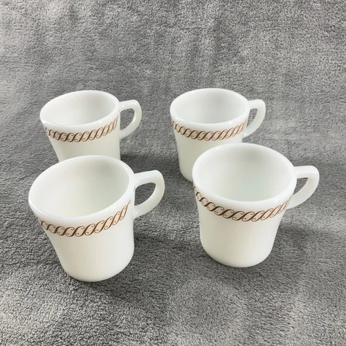 Vintage Pyrex Restaurant Coffee Mugs 5 oz Milk Glass Regency Scroll Lot Of 4 *G