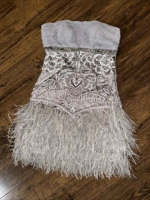 Sue Wong Cocktail Mini Dress Grey Beaded Strapless Formal Nordstrom Size 8 $699