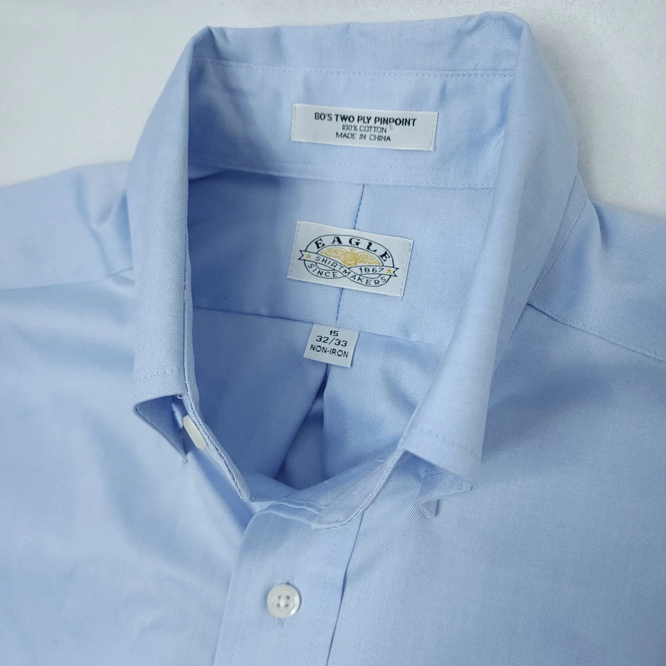 Eagle Shirtmakers Blue 80s Two Ply Pinpoint Dress Shirt Mens Size 15 32/33 - Image 3 of 4