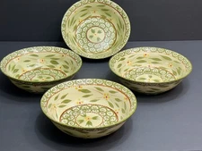 Temp-tations By Tara Old World Green Floral 7.5” Bowls Set 4pc Handpainted EC