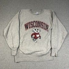 Vintage Champion Sweatshirt Mens Large Gray Wisconsin Bucky Badger Made in USA