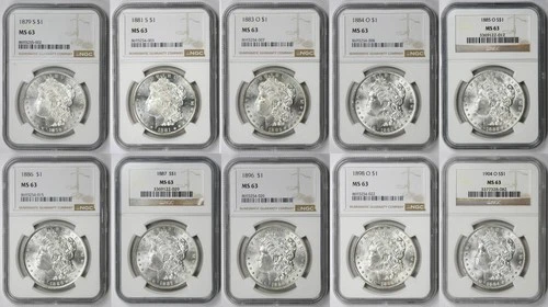 Lot 10 Coins Different Date Morgan Dollar $1 MS 63 NGC