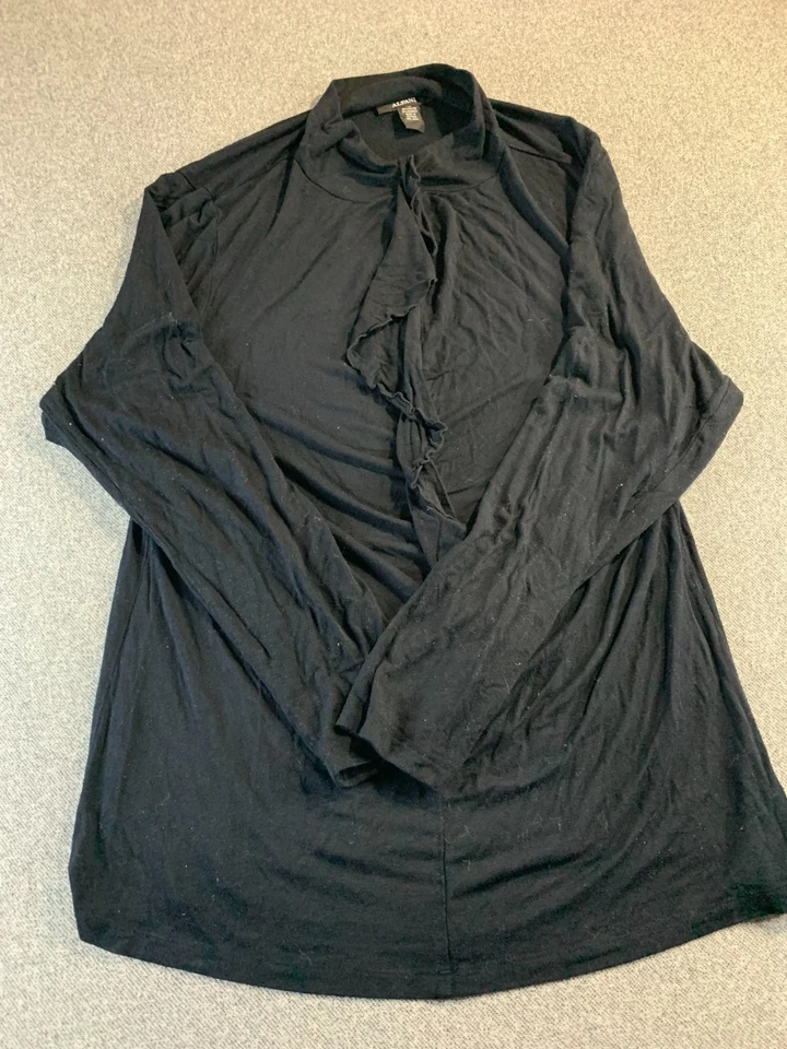 Alfani Top Womens XL Black Stretch Ruffle Trim Long Sleeve Mock Neck Blouse Boho - Image 2 of 4