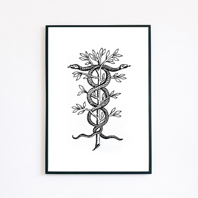 Schlangen botanische Tattoo Blätter minimalistisches Design Linie 7x5 Wanddekor Kunstdruck 