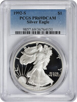 #ad #ad 1992 S American Silver Eagle Dollar PR69DCAM PCGS Proof 69 Deep Cameo $105.00
