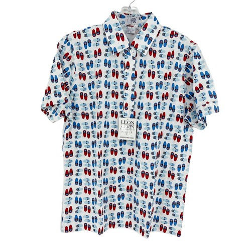 New Leon Levine Polo Shirt Women's Medium White Flip Flop Print Short Sleeve Blo - 第 1/9 張圖片