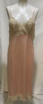  Vintage Annique Nightgown Pink Nylon Ecru Lace Bodice Trim EUC