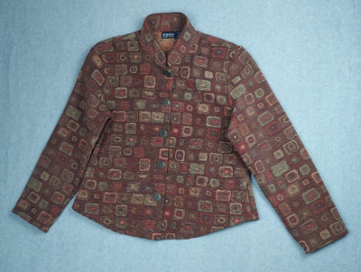 NOMADIC TRADERS Women Brown Mandarin Collar Jacket Sz M Geometric Square Pattern