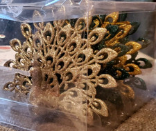 Peacock Glitter Christmas Ornaments Teal Silver  Gold