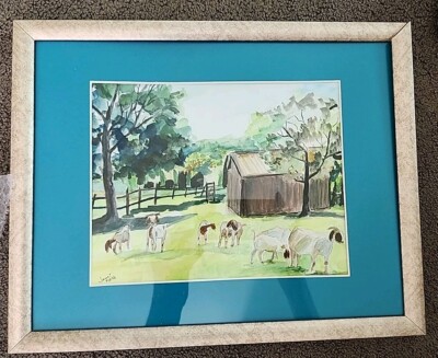 watercolor painting original matted morning landscape Goats in Farm J Rech 15x12