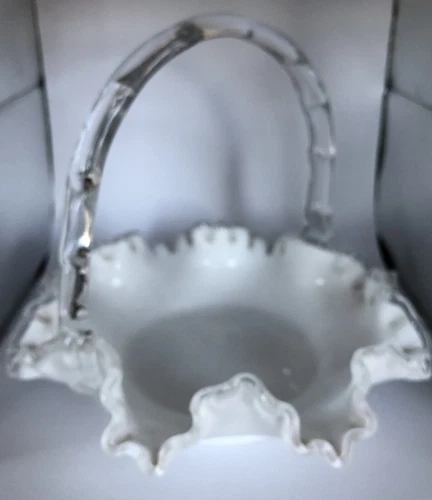 Vintage Fenton Silver Crest White Milk Glass Ruffled Basket With Clear Handle
