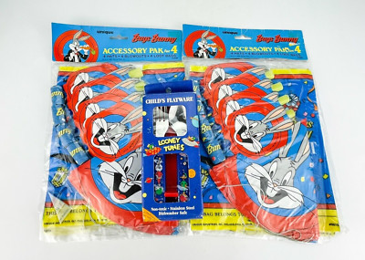 Vintage 90s Bugs Bunny Party Accessory Pack Lot Of 2 Hats Bags Childs Flatware