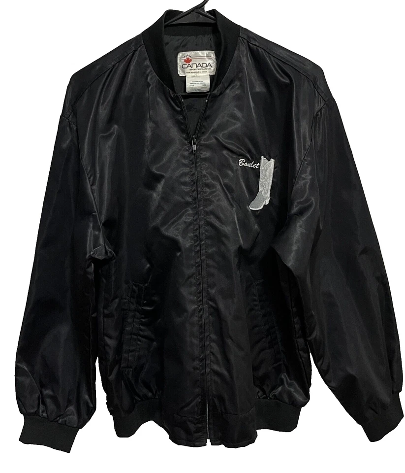 BOULET {G.A.} Boots Adult Black Full Zip Nylon VTG Satin Sewn Jacket M Canada - Image 3 of 4