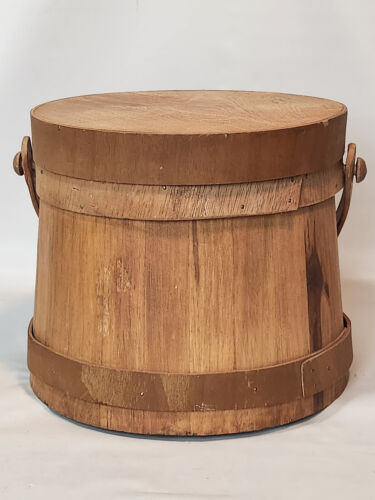 Firkin Sugar Bucket &Lid Handle 7.5 x 9" Wood Banded Vtg Rustic Country Decor A1 - Picture 3 of 9