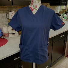 Dickies Scrub Top Size XXS Short Sleeve Navy Blue V Neck Medical Vet Tech