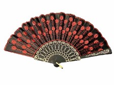 Large 16 In Wide Victorian Style Fabric Folding Hand Fan With Red Sequins