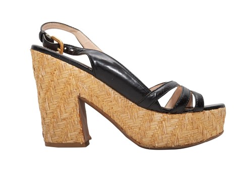 Black Prada Patent & Straw Platform Slingbacks Size 38.5